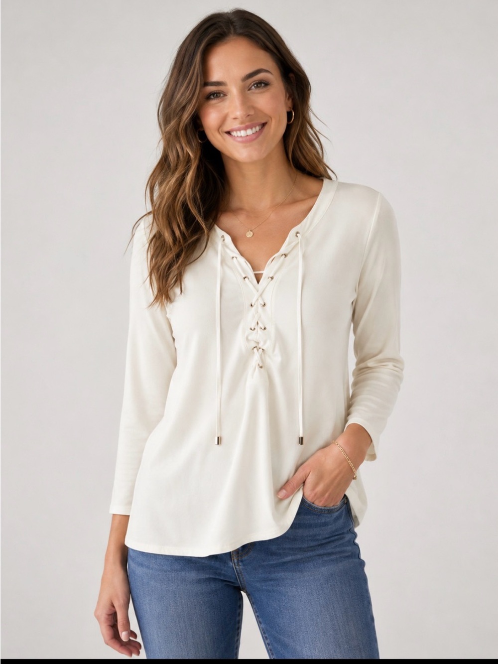 Calvin Klein Ivory Lace-Up V-Neck Long Sleeve Top Size Large